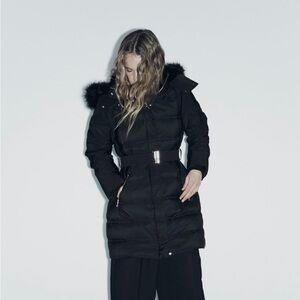 ZARA Down Long Puffer Jacket Black Coat Faux Fur Hood Size Small